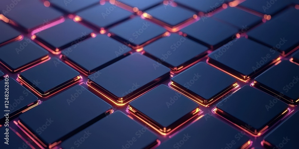 Poster A close-up view of a geometric pattern featuring reflective, dark tiles with vibrant edges, creating a modern and sleek visual effect.