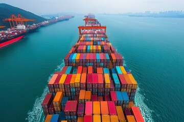 A cargo ship laden with colorful shipping containers sails through calm waters, showcasing the vibrant logistics of maritime transport.
