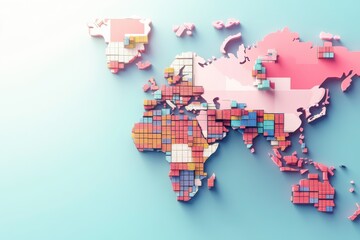 A colorful, geometric map of the world, showcasing various regions with vibrant patches and a playful design against a soft blue background.