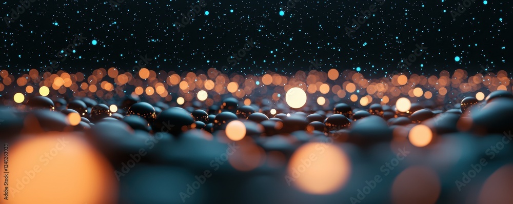 Poster A mesmerizing scene featuring shimmering lights and rounded stones, creating a serene and enchanting atmosphere.