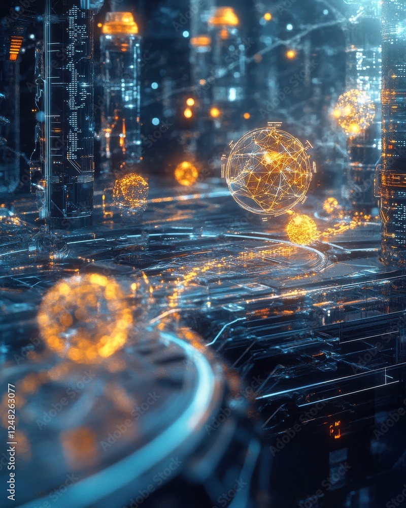 Poster a futuristic digital landscape featuring glowing orbs and intricate data streams, creating a vibrant
