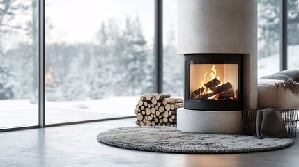 Stylish heating stove with flickering flames and a wood log rack, adding a cozy and chic touch to modern interior design or winter-themed visuals.