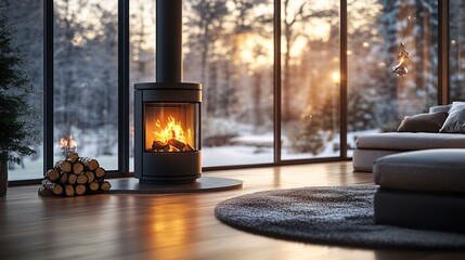 Stylish heating stove with flickering flames and a wood log rack, adding a cozy and chic touch to modern interior design or winter-themed visuals.