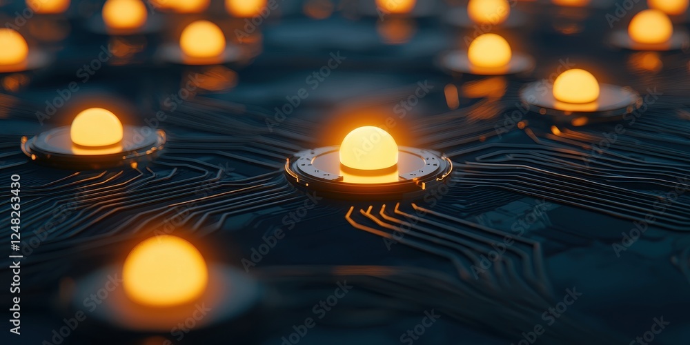 Poster the image features glowing orbs on a dark circuit board, highlighting a modern technology theme with