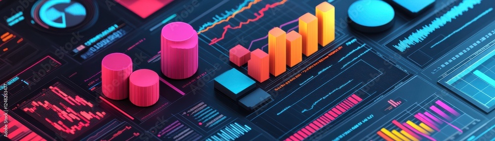Poster a vibrant digital display featuring colorful bar graphs and charts, illustrating data trends and ana