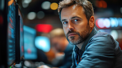 Stock market traders monitoring real-time stock prices on multiple monitors in a vibrant trading floor