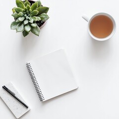 Minimalist workspace with notebook, plant, and cup of tea on white table during daytime