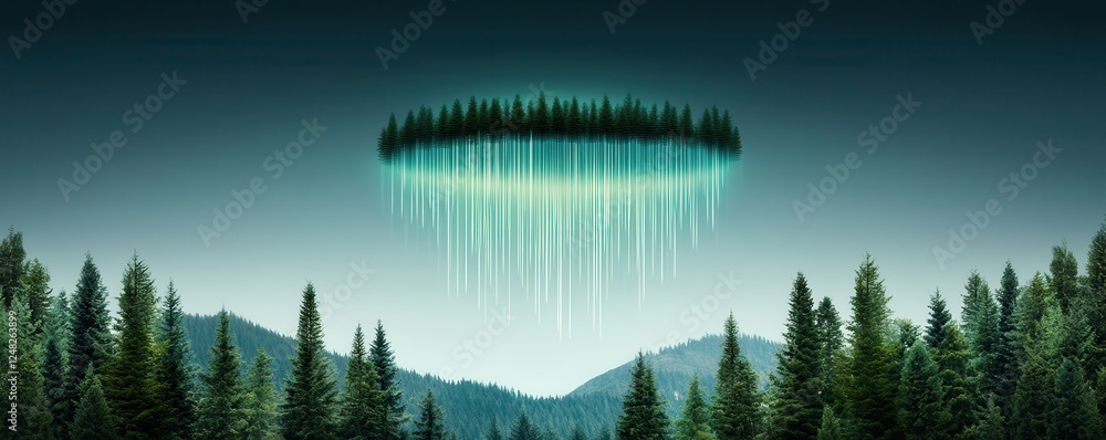 Poster a ufo hovers above a forested mountain landscape, casting a mystical glow and creating a surreal atm