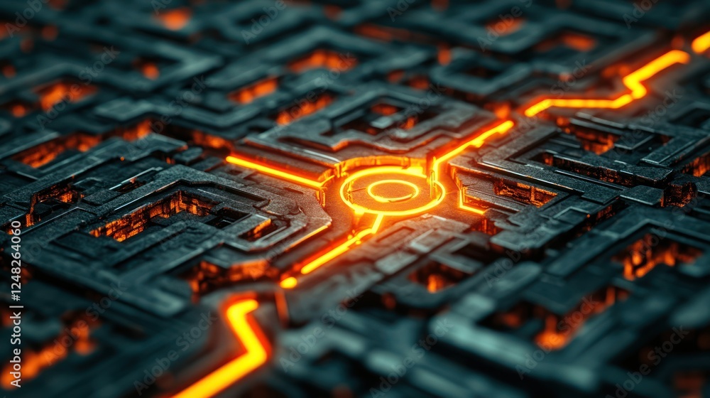 Poster intricate labyrinth design with glowing orange lines and dark textured background