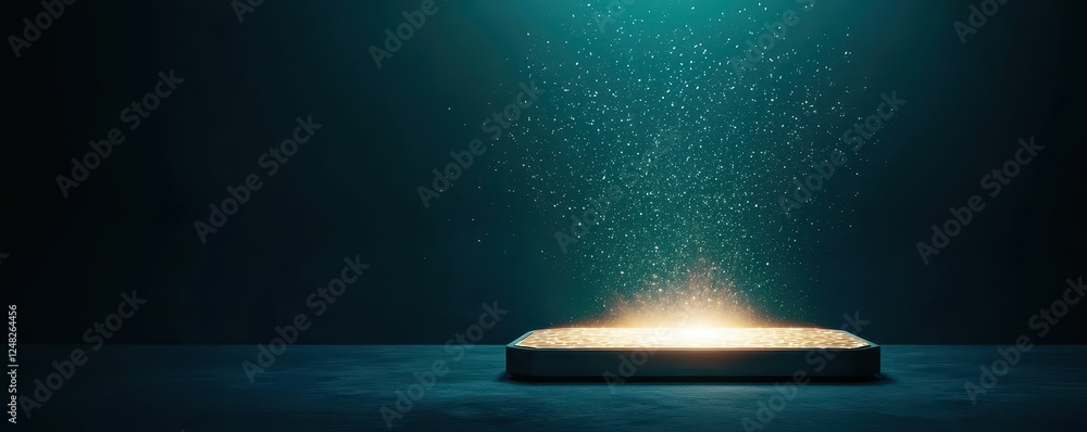 Poster a glowing platform emits light surrounded by particles, set against a dark background, creating a my
