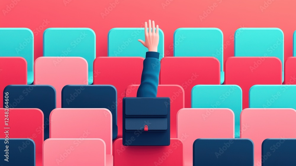 Poster a student raises their hand confidently in a crowded lecture hall, eager to participate in the discu