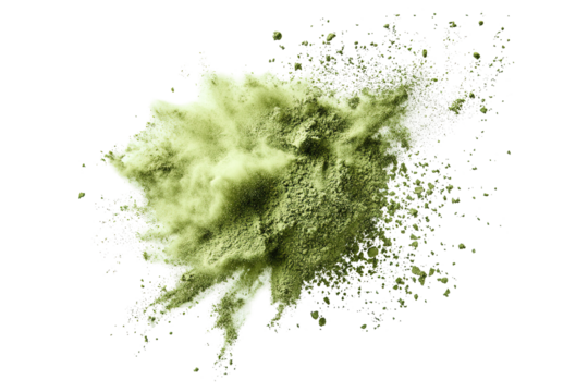 A cloud of green powder is flying through the air. ,on transparent background.
