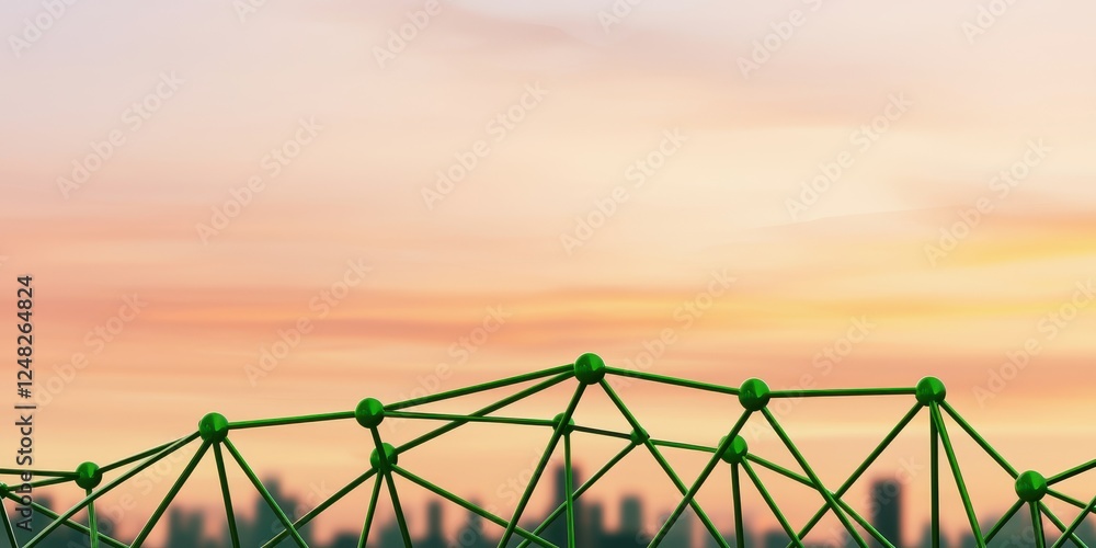 Poster a network of green nodes and connections against a soft sunset backdrop, symbolizing technology and 
