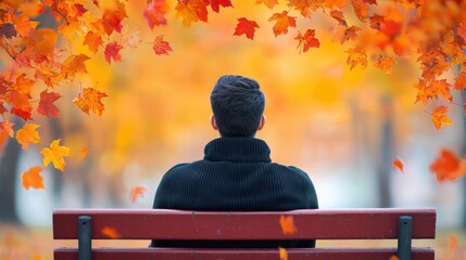 A man sits lost in thought on a park bench, surrounded by the vibrant colors of autumn leaves, his gaze distant as he reflects on life s complexities and finds peace in the present moment.