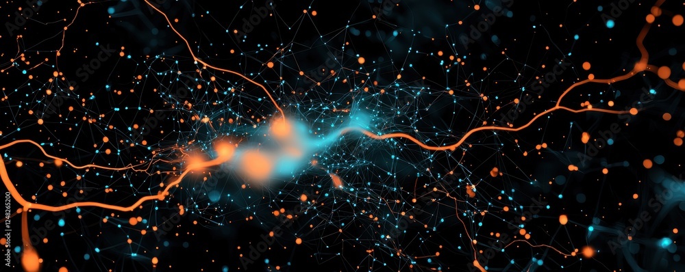Poster an abstract representation of interconnected pathways illuminated in vibrant colors, suggesting them