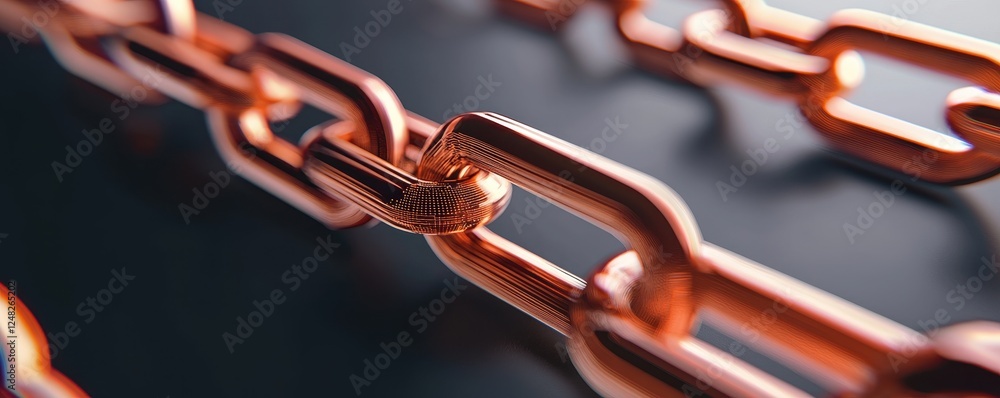 Poster A close-up view of a copper chain, showcasing its intricate links and metallic texture against a dark background.
