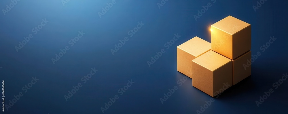 Poster A minimalist image featuring golden cubes arranged on a blue background, with one cube illuminated, suggesting themes of creativity and structure.