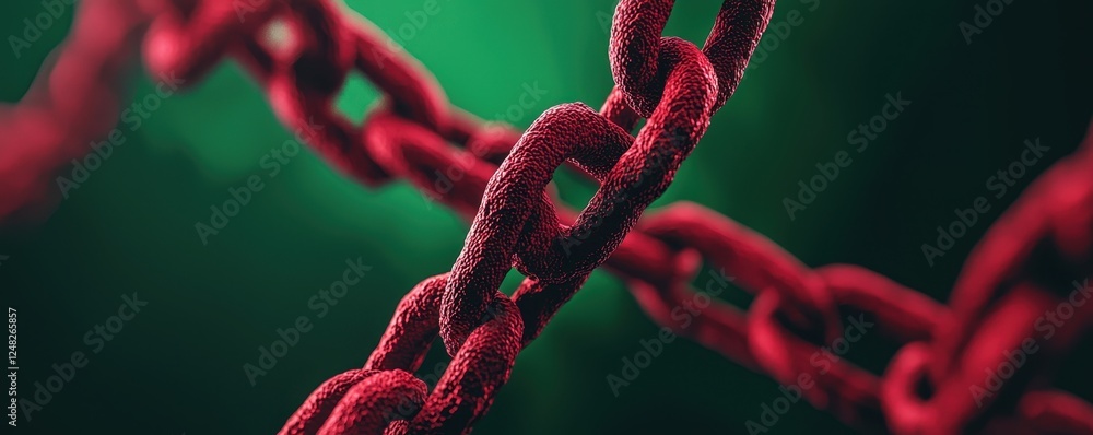 Poster a close-up view of a red chain against a green background, highlighting the texture and links in a s