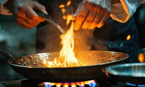 Chef's Hands Igniting Flames in a Wok During Culinary Preparation