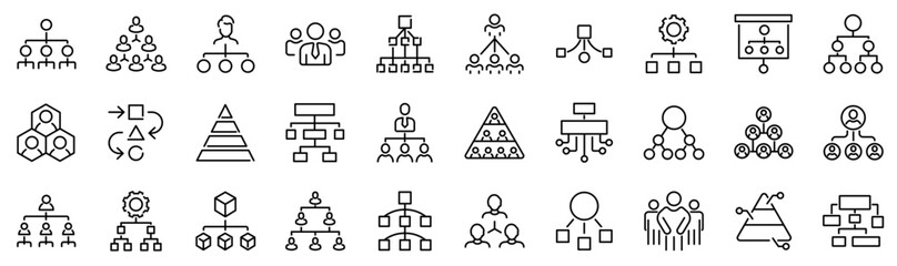 Set of 30 outline icons related to hierarchy.  Linear icon collection. Editable stroke. Vector illustration	