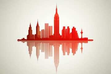 Fototapeta premium A minimalist skyline silhouette in red, reflecting on a light background, featuring iconic skyscrapers, evoking urban energy and architectural beauty.