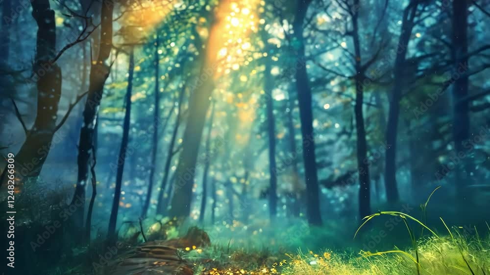 Poster light filters through trees in serene forest, creating a tranquil and enchanting atmosphere