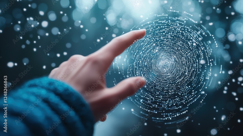 Poster a human hand reaching out to touch a swirling vortex of binary code, symbolizing the connection betw