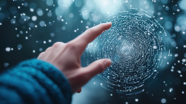 A human hand reaching out to touch a swirling vortex of binary code, symbolizing the connection between humanity and the digital world.