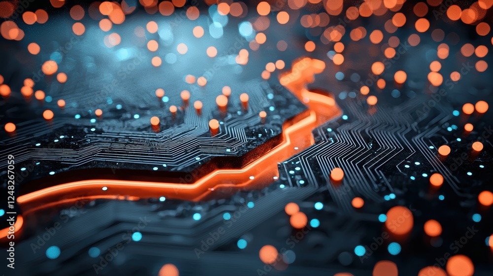 Poster a close up shot of a complex circuit board with glowing pathways, data packets flowing rapidly, show