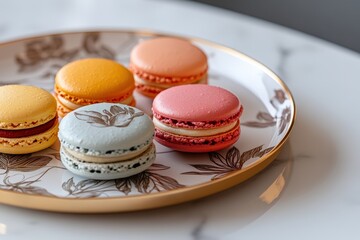 Colorful macarons arranged on elegant floral plate