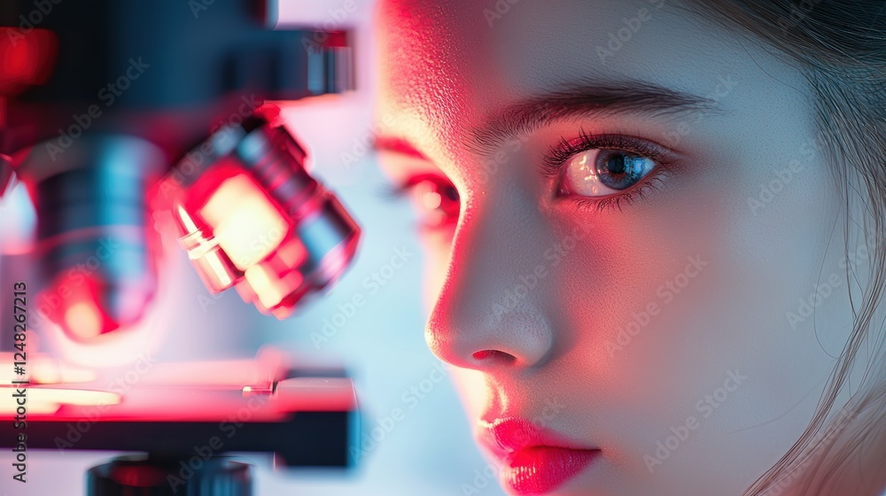 Poster a scientist wearing a lab coat peering through a microscope, their face illuminated by the soft glow