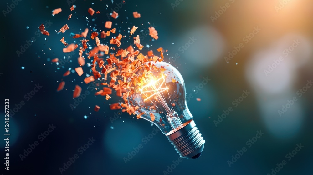 Poster a light bulb shattering into pieces, with each fragment transforming into a new, smaller light bulb,