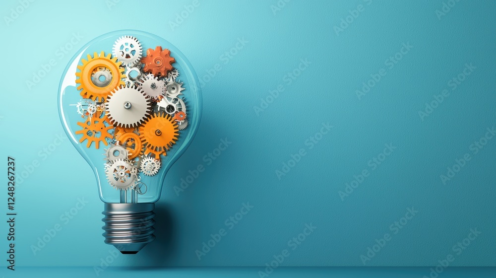Poster a light bulb filled with gears, cogs, and intricate mechanisms, representing the complex inner worki
