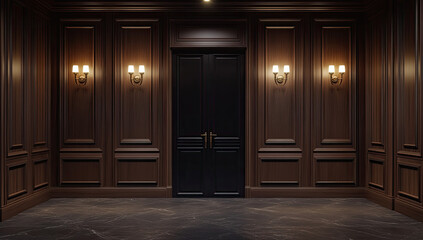 Elegant Dark Wood Interior with Classic Wall Panels and Soft Lighting