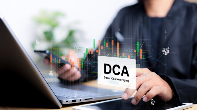 DCA, Dollar cost averaging concept. Investment strategy, Regular investment, Saving stock or savings on a monthly. high-risk high return.