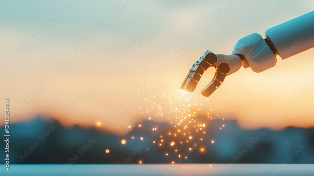 Poster a robotic arm performing a complex manufacturing task with precision and speed, highlighting the eff