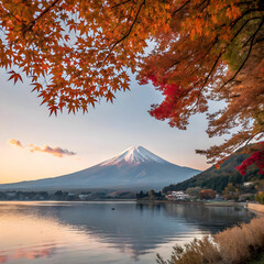 Fototapeta premium Autumn Morning: Mount Fuji Reflected in Kawaguchiko Lake