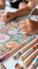 Fototapeta premium Child coloring a detailed floral design with colored pencils