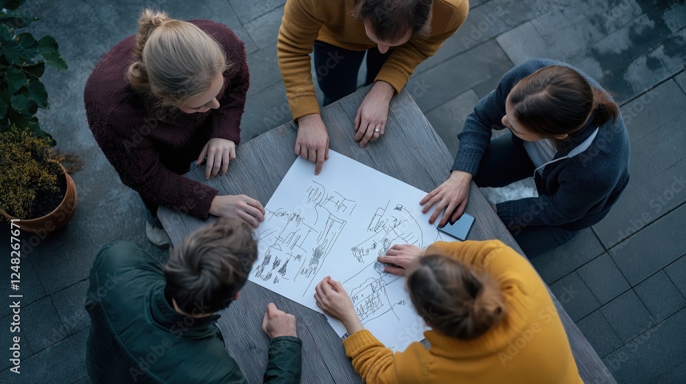 Poster collaborative team meeting office space brainstorming session modern environment top-down view creat
