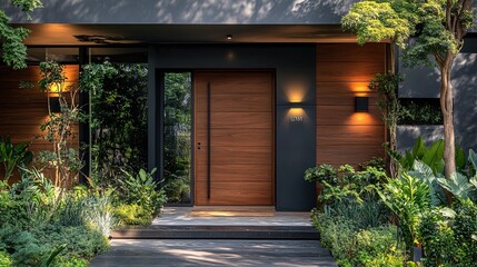 Simple wooden door entrance, surrounded by lush greenery and modern wall lights, perfect for showcasing contemporary home exteriors and design.