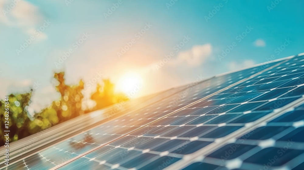 Poster a close up shot of a solar panel array soaking up sunlight, transforming it into sustainable power f