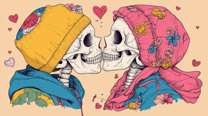 Colorful skeletons in love wearing vibrant hats and floral patterns