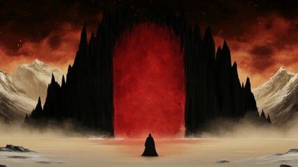 An isolated figure stands before a colossal glowing gate framed by jagged mountains beneath a fiery sky The landscape is surreal and desolate