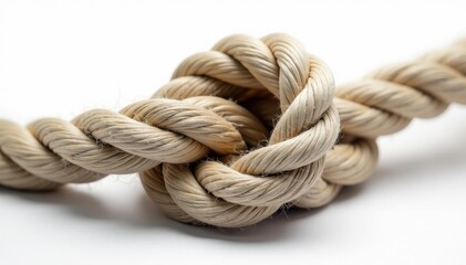 Closeup of weathered rope, complex knot, pure white background, knot, nautical rope, weathered rope