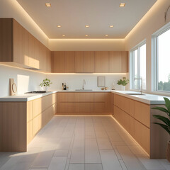 Minimalist Kitchen Interior with Light Wood and Stylish Cabinets"