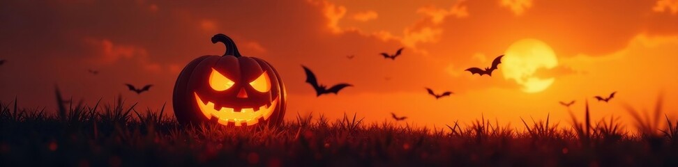 Glowing jack-o'-lantern, orange sky, flying bats, grass , illustration, graphic