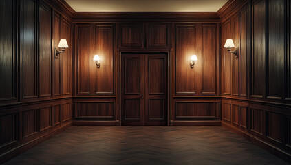 Fototapeta premium Elegant Dark Wood Interior with Classic Wall Panels and Soft Lighting