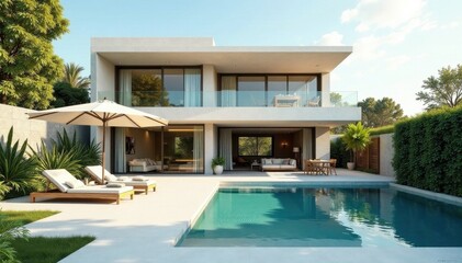 Fototapeta premium Modern villa, high cement walls, sunlit patio, minimal, home, summer