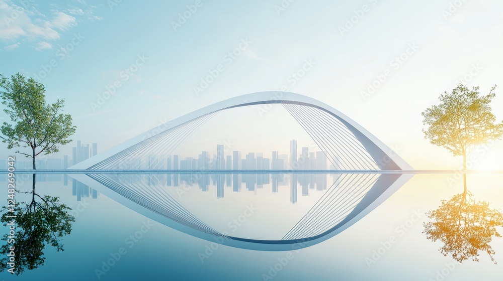 Poster a modern bridge connecting two sides of a river, symbolizing infrastructure development and improved