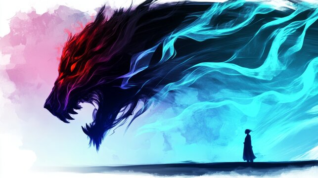 A solitary figure confronts a menacing ethereal wolf in a stark stylized landscape evoking themes of courage and the unknown